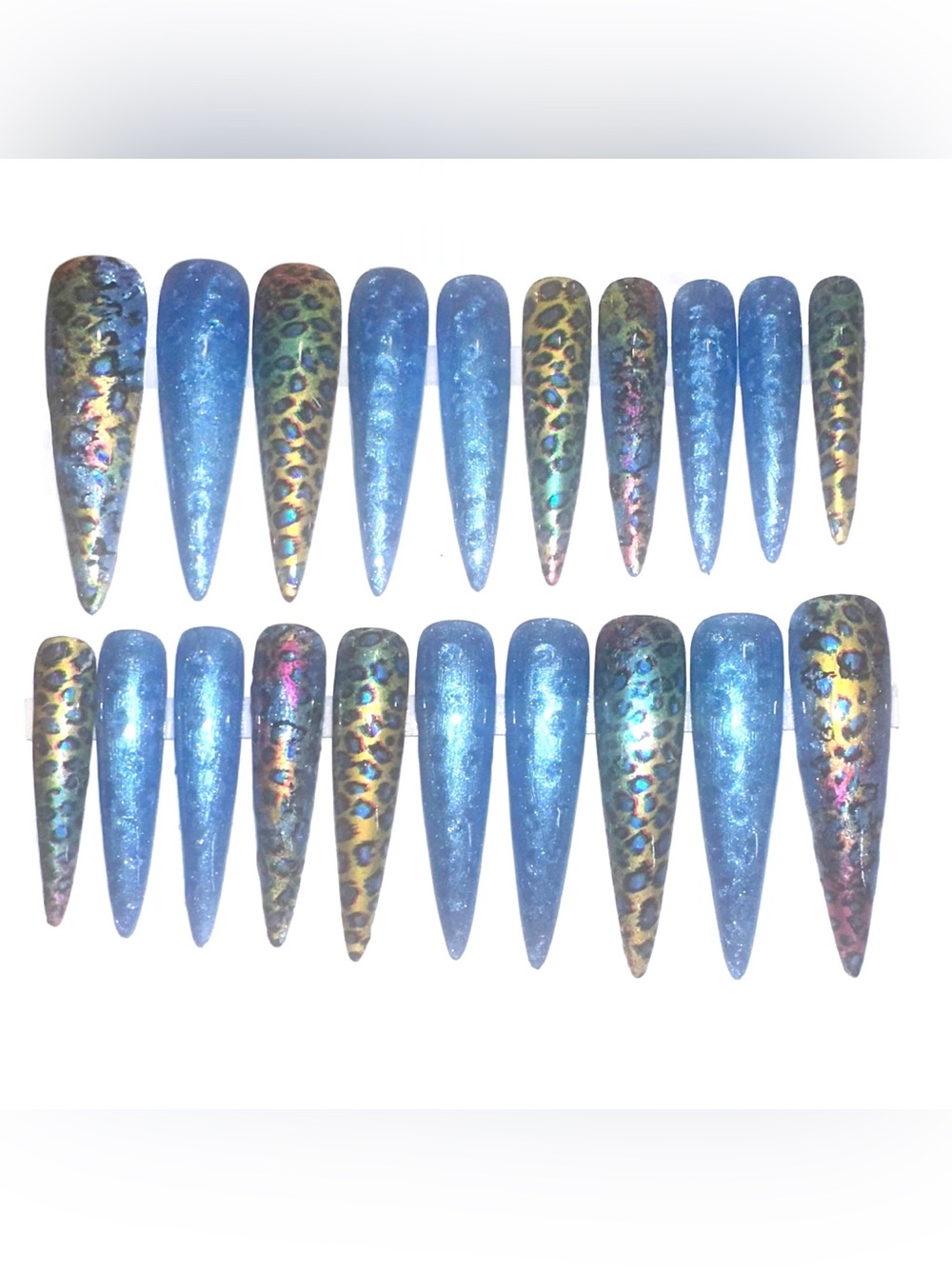Custom Handmade Press On Nails 2X Long Stiletto Blue & Metallic Animal Print